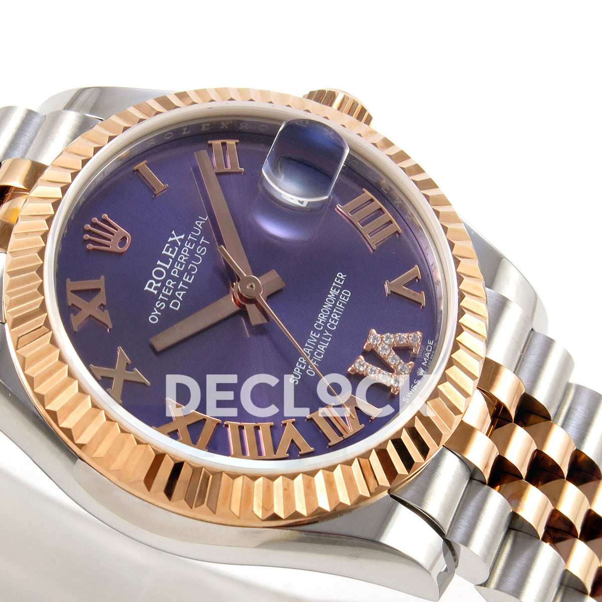 Rolex Datejust 31 278271 Purple Roman VI Gem Rose Two-Tone Jubilee XRF A2236 replica - Opposite close-up showing the purple Roman dial with gem-set VI, rose-tone hands, fluted bezel and steel/rose Jubilee links