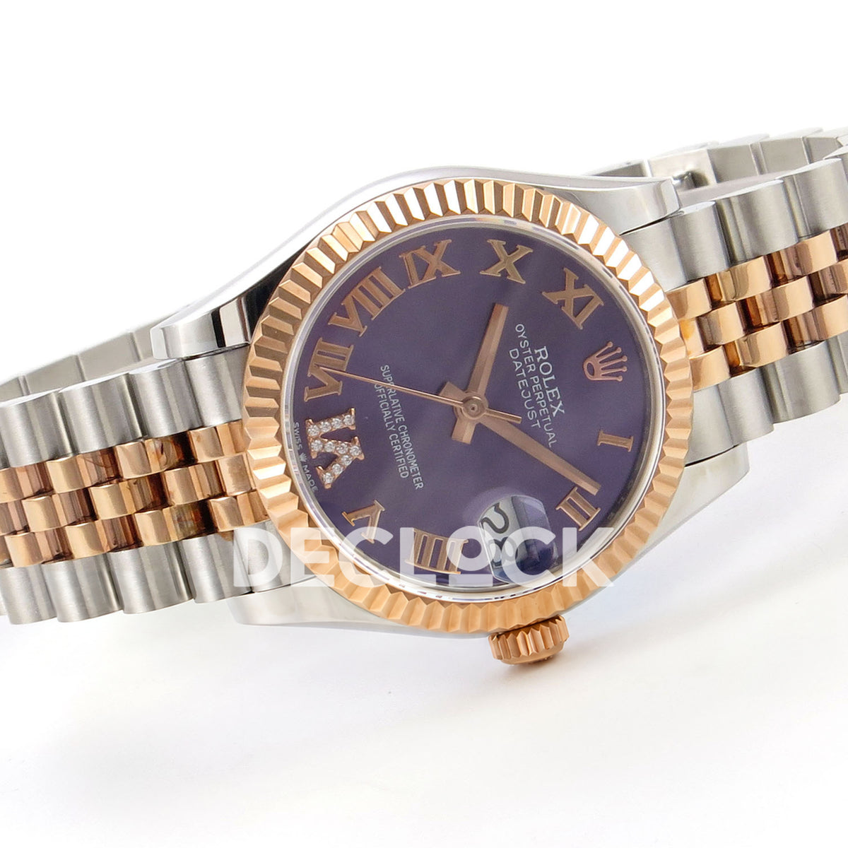Rolex Datejust 31 278271 Purple Roman VI Gem Rose Two-Tone Jubilee XRF A2236 replica - Left-side angled view of the purple Roman dial, gem-set VI, rose-tone fluted bezel, date lens and steel/rose Jubilee bracelet