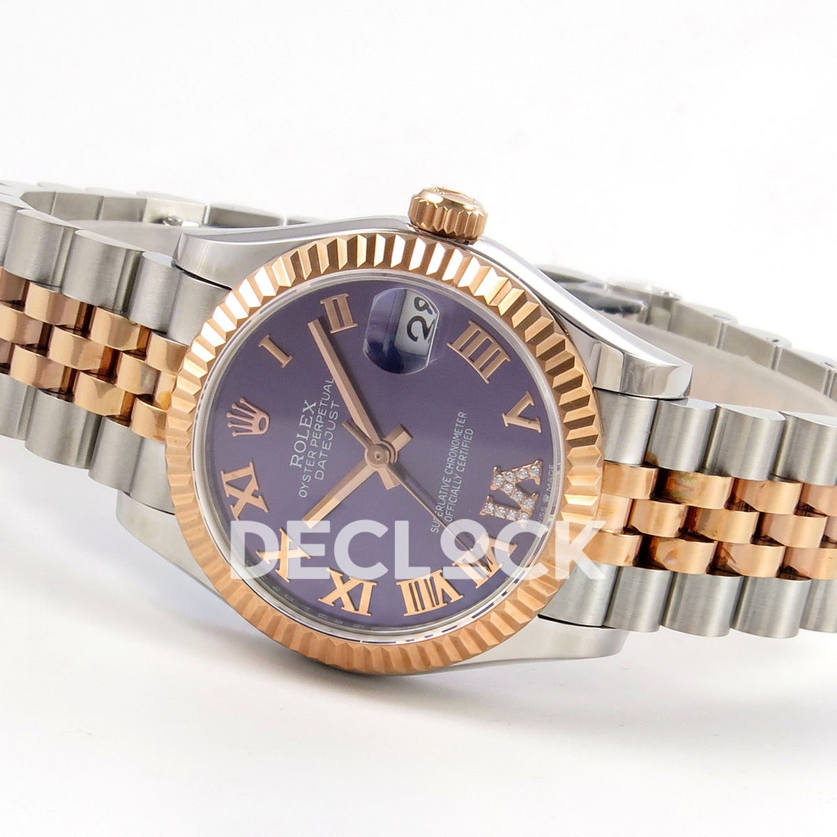 Rolex Datejust 31 278271 Purple Roman VI Gem Rose Two-Tone Jubilee XRF A2236 replica - Opposite angled view of the purple Roman dial, gem-set VI, rose-tone crown, hands and steel/rose Jubilee bracelet