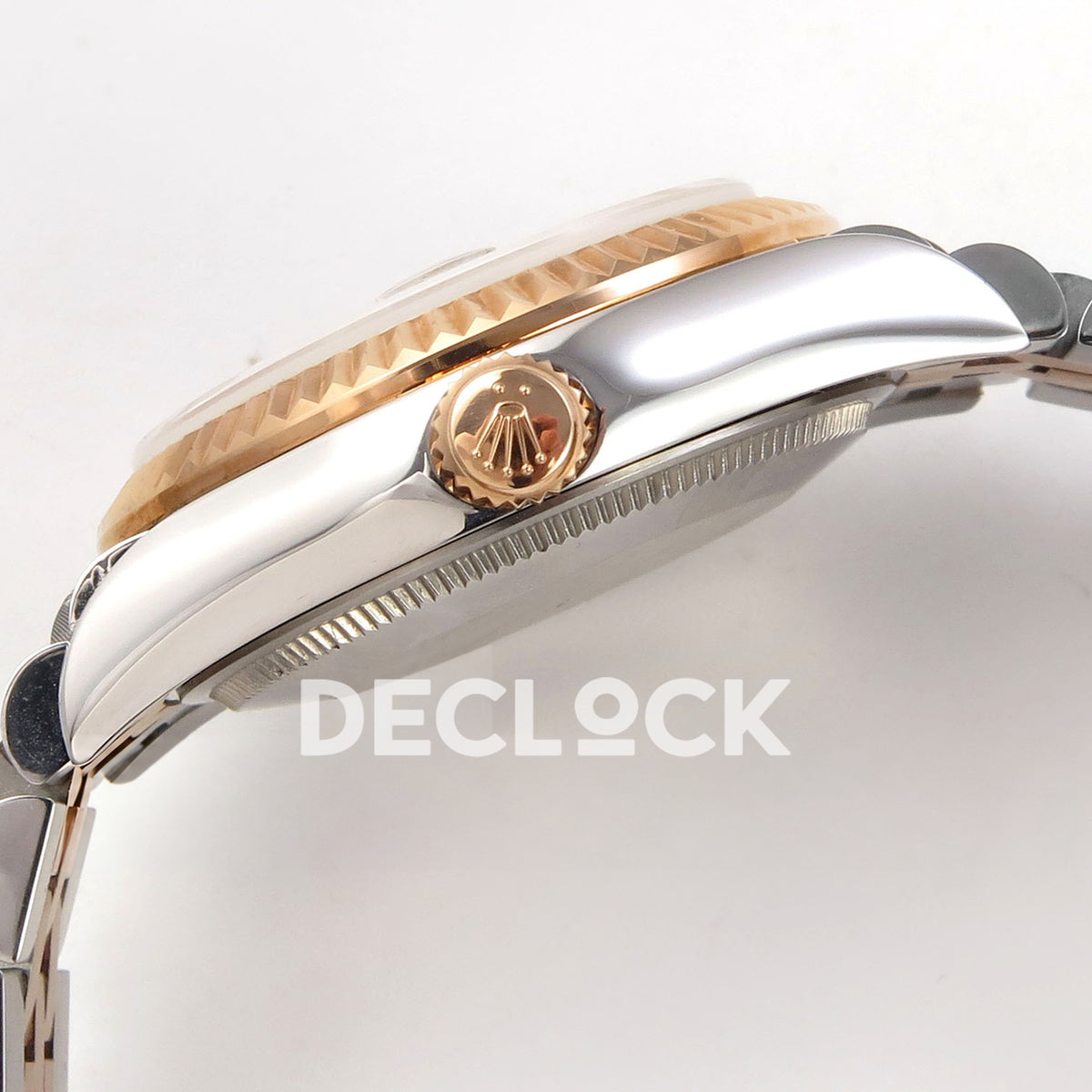 Rolex Datejust 31 278271 Purple Roman VI Gem Rose Two-Tone Jubilee XRF A2236 replica - Crown-side profile showing the rose-tone crown, bezel and polished steel case