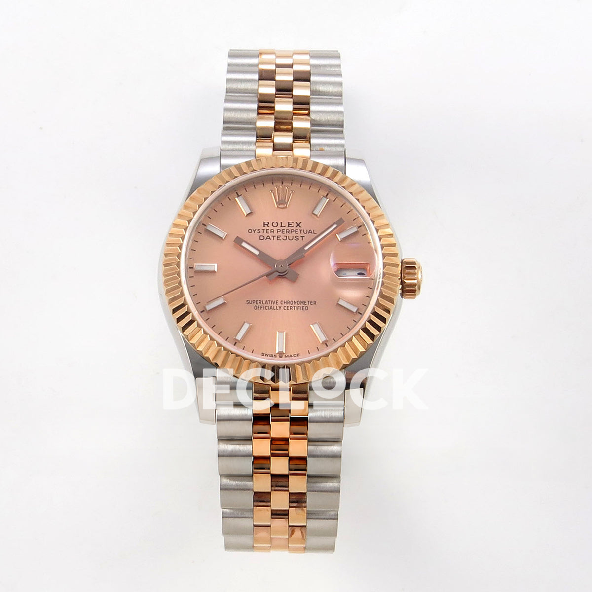 Rolex Datejust 31 278271 Rose Gold Stick Rose Two-Tone Jubilee XRF A2236 replica - Straight-on watch view with rose-pink baton dial, rose-tone fluted bezel and steel/rose Jubilee bracelet