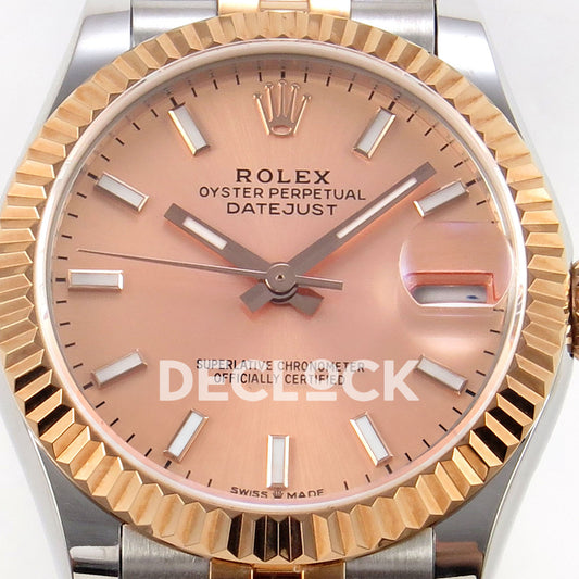 Rolex Datejust 31 278271 Rose Gold Stick Rose Two-Tone Jubilee XRF A2236 replica - Front macro of the rose-pink baton dial, rose-tone hands and magnified date lens