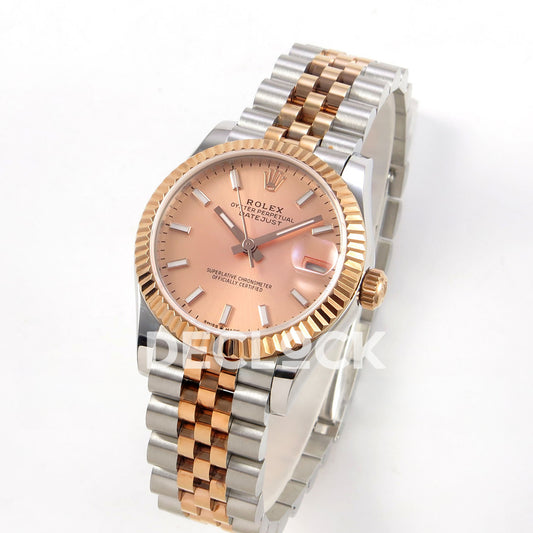 Rolex Datejust 31 278271 Rose Gold Stick Rose Two-Tone Jubilee XRF A2236 replica - Standing three-quarter watch view with rose-pink baton dial and steel/rose Jubilee bracelet