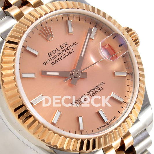 Rolex Datejust 31 278271 Rose Gold Stick Rose Two-Tone Jubilee XRF A2236 replica - Close-up of the rose-gold-coloured dial with luminous baton markers, native rose-tone hands, date cyclops and fluted rose-tone bezel
