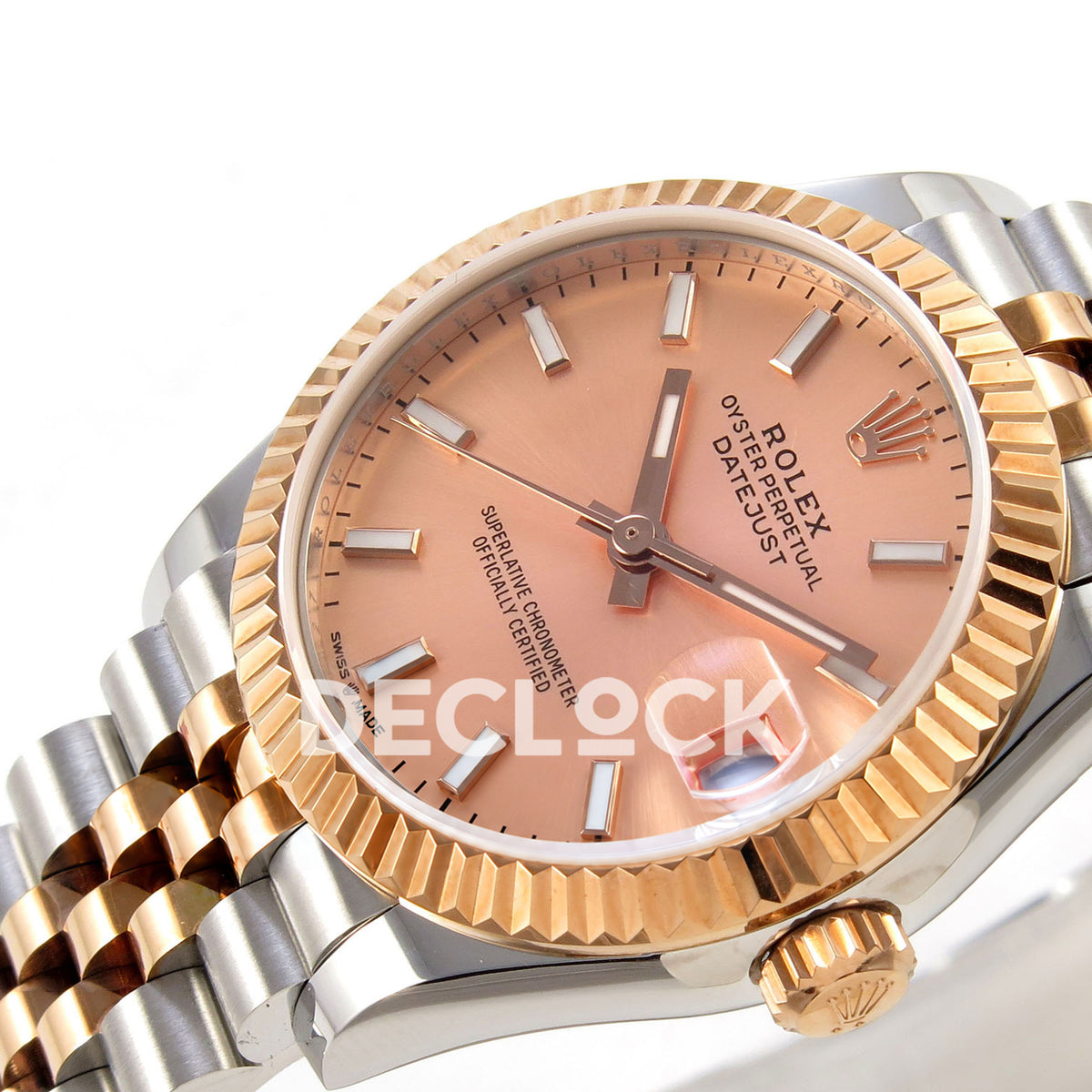 Rolex Datejust 31 278271 Rose Gold Stick Rose Two-Tone Jubilee XRF A2236 replica - Angled close-up of the rose-gold-coloured dial with luminous baton markers, rose-tone hands, date cyclops and fluted rose-tone bezel