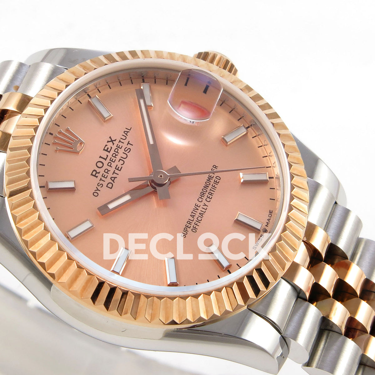 Rolex Datejust 31 278271 Rose Gold Stick Rose Two-Tone Jubilee XRF A2236 replica - Opposite close-up showing the rose-gold-coloured dial with luminous baton markers, rose-tone hands, fluted bezel and steel/rose Jubilee links
