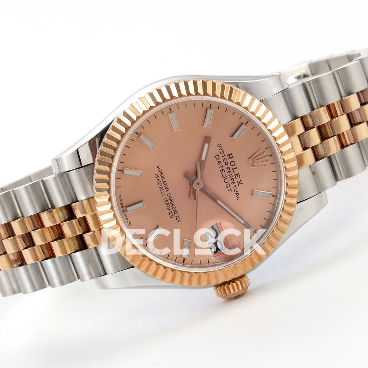 Rolex Datejust 31 278271 Rose Gold Stick Rose Two-Tone Jubilee XRF A2236 replica - Left-side angled view of the rose-gold-coloured baton dial, luminous hand inlays, date lens and steel/rose Jubilee bracelet