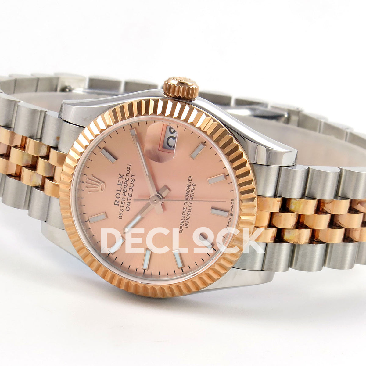Rolex Datejust 31 278271 Rose Gold Stick Rose Two-Tone Jubilee XRF A2236 replica - Opposite angled view of the rose-gold-coloured baton dial, luminous hand inlays, rose-tone crown and steel/rose Jubilee bracelet