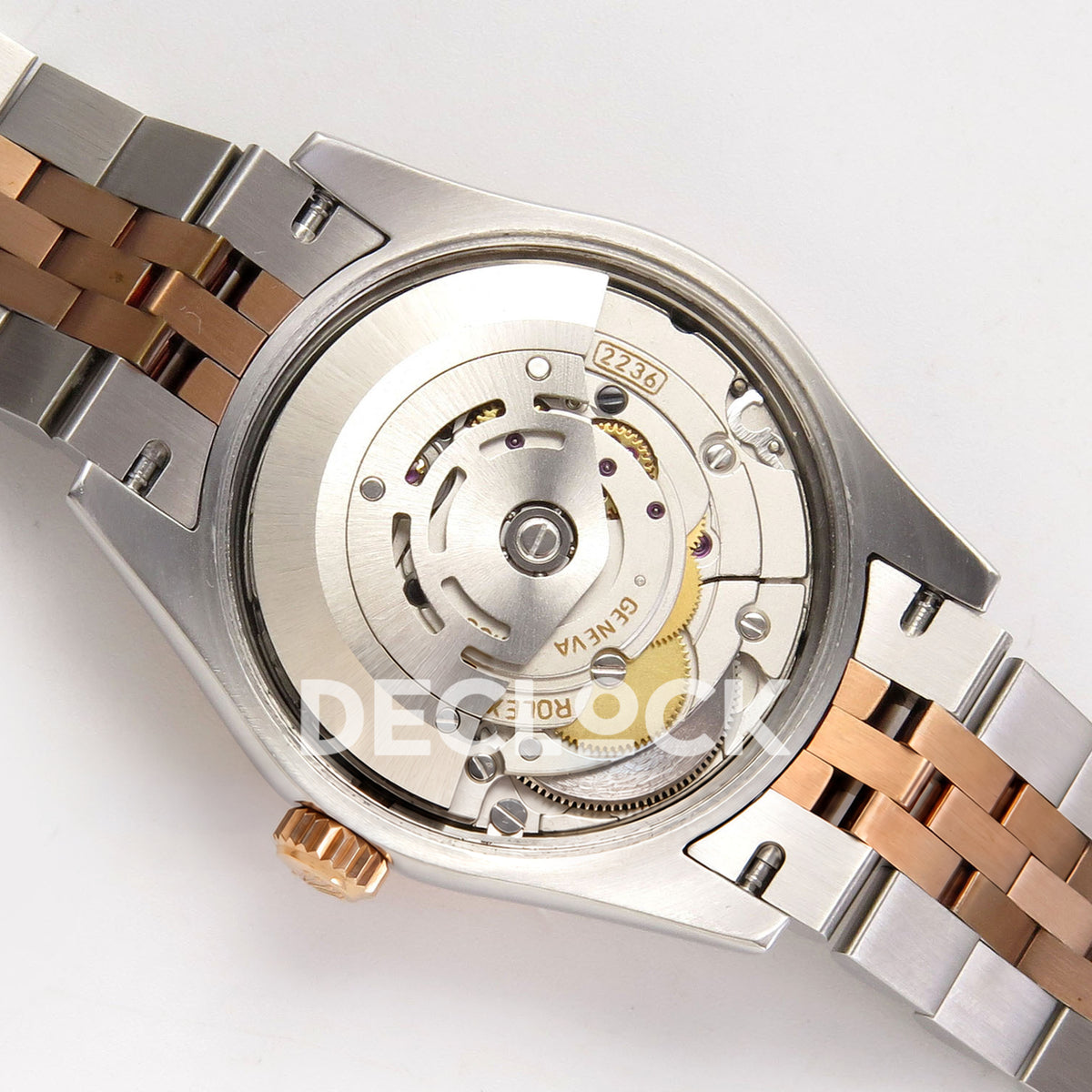 Rolex Datejust 31 278271 Rose Gold Stick Rose Two-Tone Jubilee XRF A2236 replica - Open movement view showing rotor engraving, screws and gears