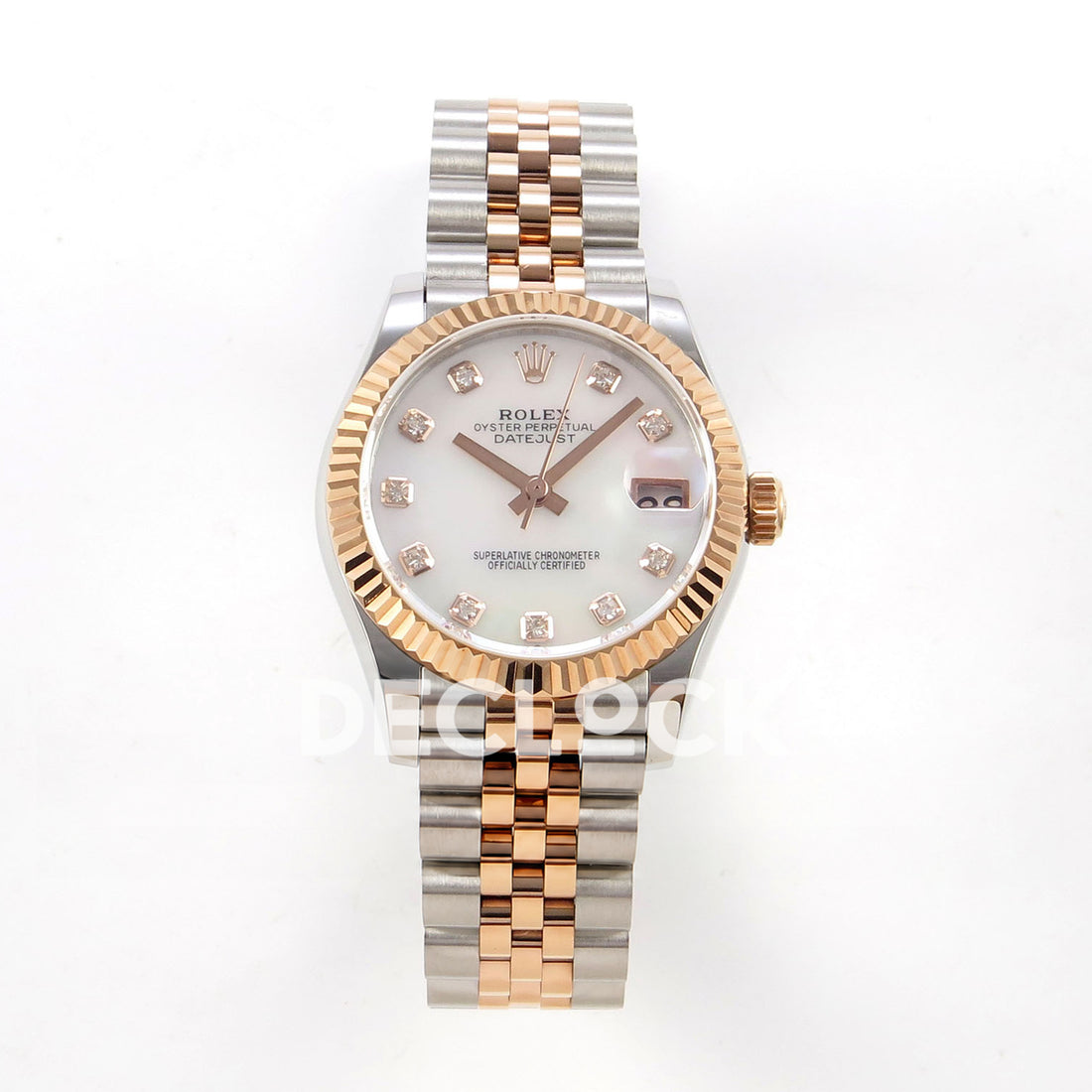 Rolex Datejust 31 278271 White MOP Diamond Rose Two-Tone Jubilee XRF A2236 replica - Straight-on full watch view with white MOP gem dial, rose-tone fluted bezel and steel/rose Jubilee bracelet 278271