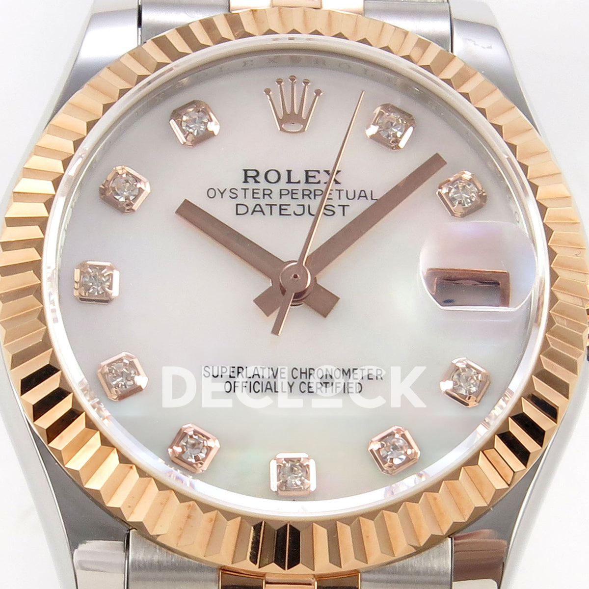 Rolex Datejust 31 278271 White MOP Diamond Rose Two-Tone Jubilee XRF A2236 replica - Front macro view of the white MOP gem dial, rose-tone hands, fluted bezel and magnified date lens