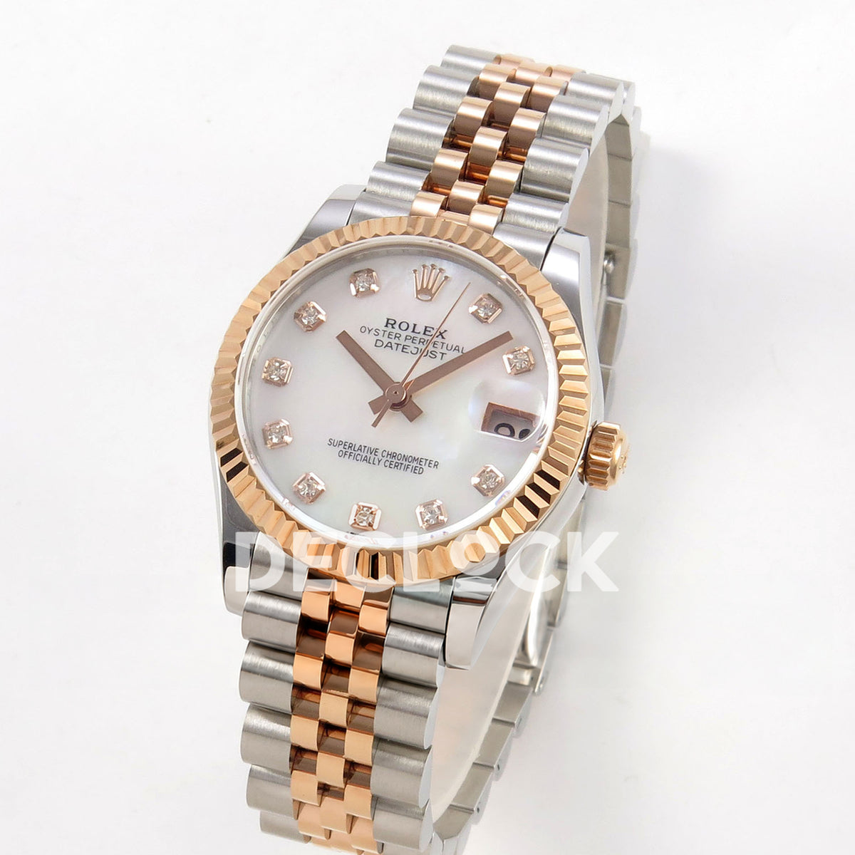 Rolex Datejust 31 278271 White MOP Diamond Rose Two-Tone Jubilee XRF A2236 replica - Standing three-quarter watch view with white MOP gem dial and steel/rose Jubilee bracelet