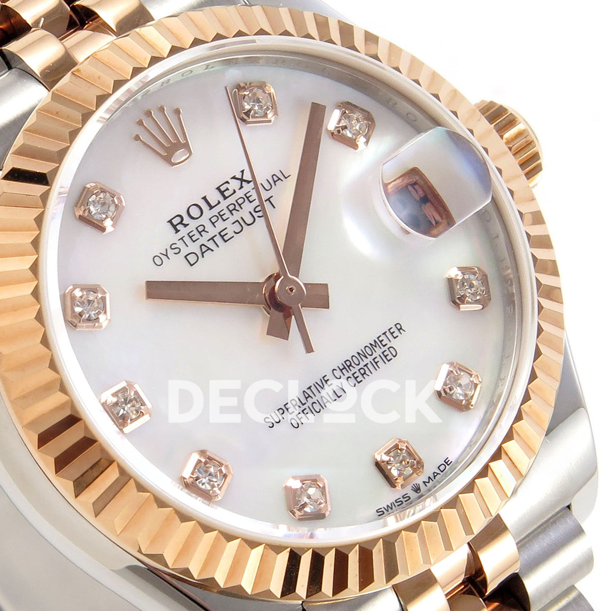 Rolex Datejust 31 278271 White MOP Diamond Rose Two-Tone Jubilee XRF A2236 replica - Angled macro view of the white MOP gem dial, rose-tone fluted bezel and magnified date lens