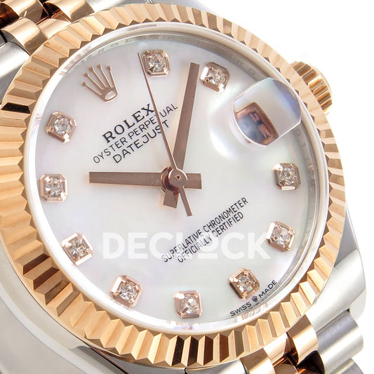 Rolex Datejust 31 278271 White MOP Diamond Rose Two-Tone Jubilee XRF A2236 replica - Angled macro view of the white MOP gem dial, rose-tone fluted bezel and magnified date lens