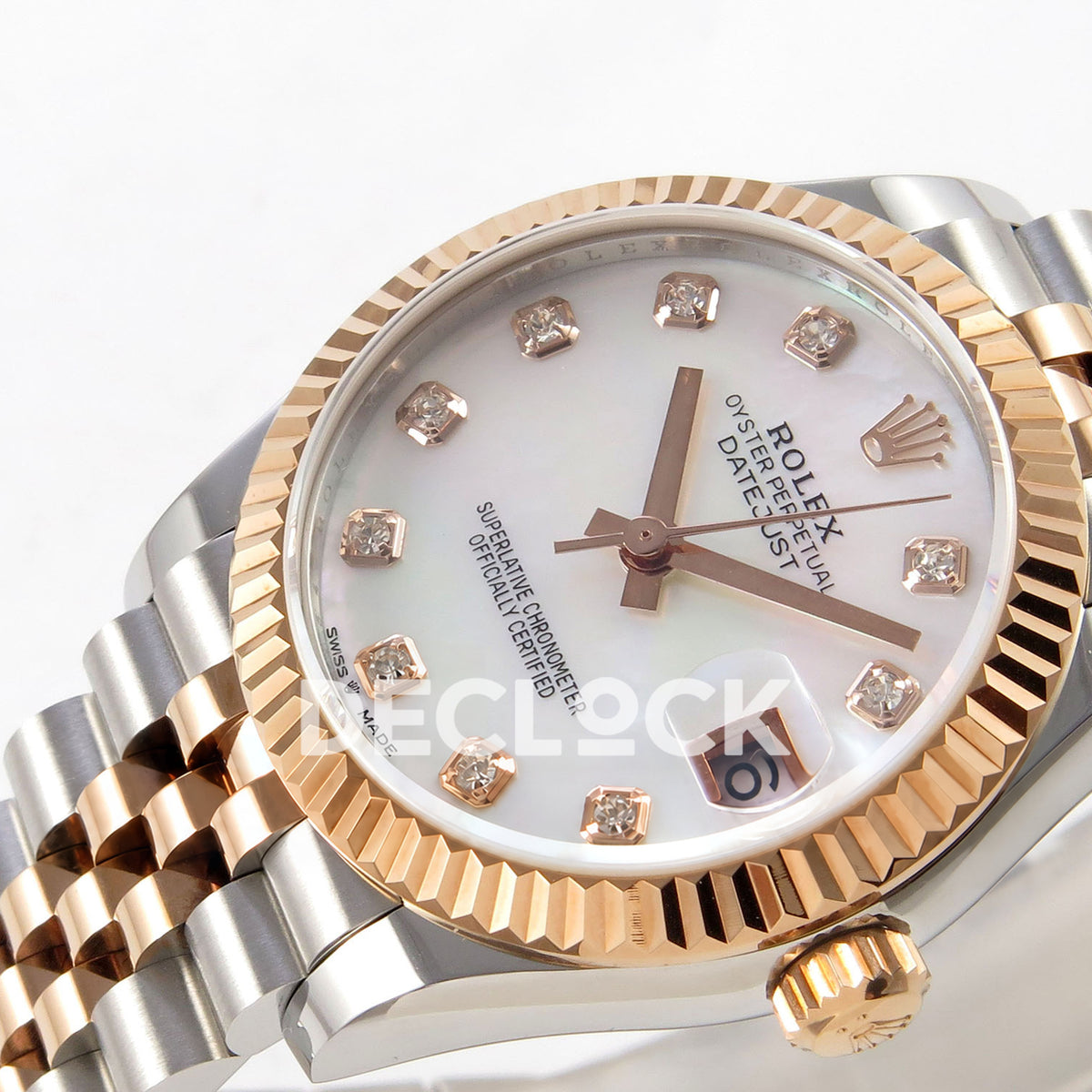 Rolex Datejust 31 278271 White MOP Diamond Rose Two-Tone Jubilee XRF A2236 replica - Opposite angled macro view with white MOP gem dial, rose-tone winding crown and steel/rose Jubilee links