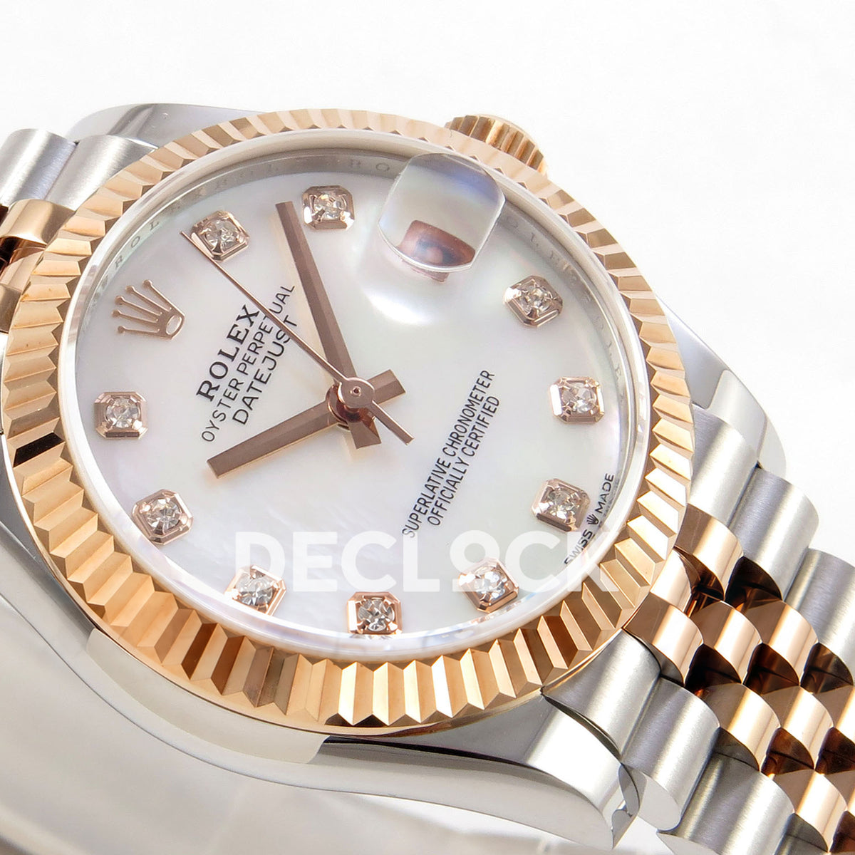 Rolex Datejust 31 278271 White MOP Diamond Rose Two-Tone Jubilee XRF A2236 replica - Side macro view of the white MOP gem dial, rose-tone fluted bezel and steel/rose Jubilee bracelet