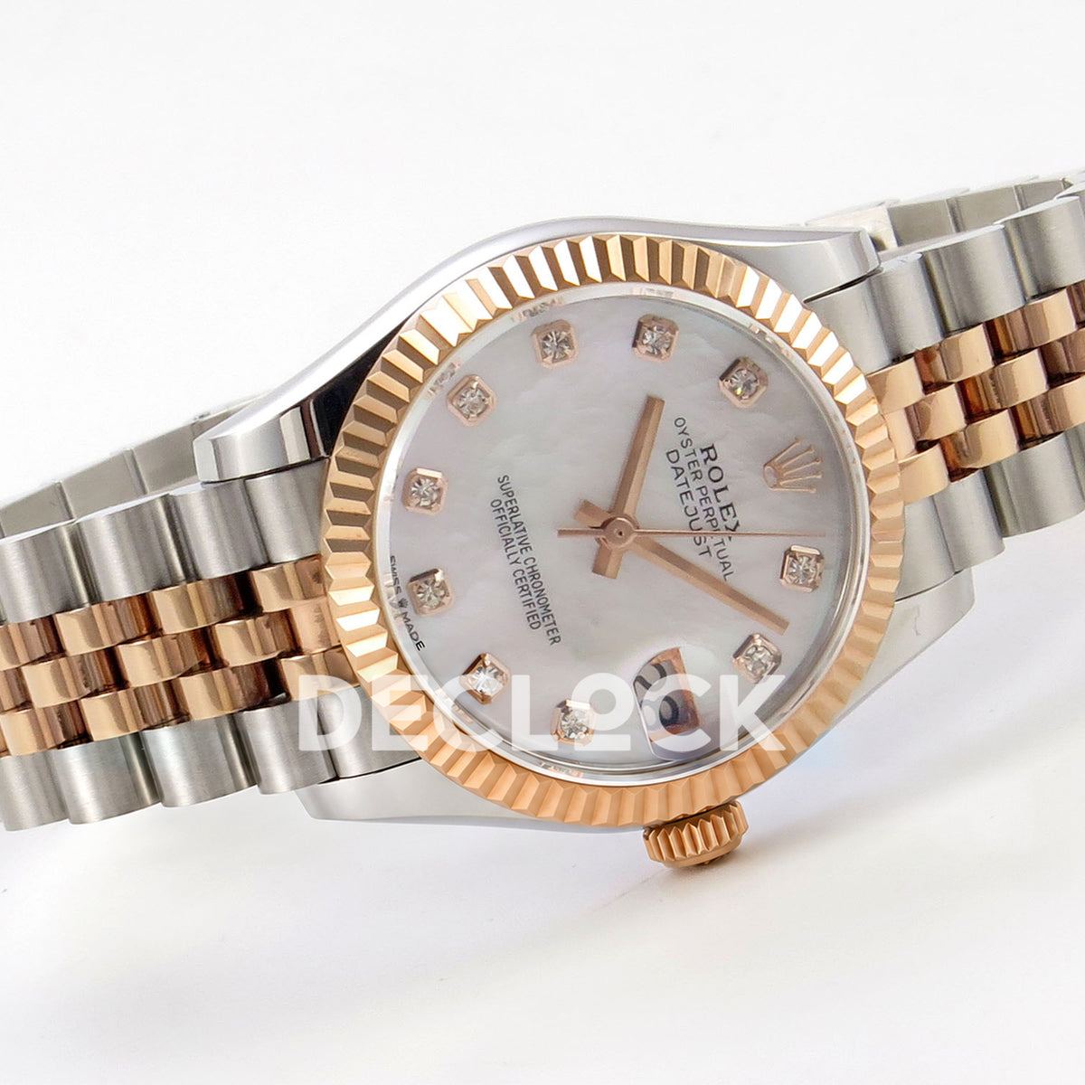 Rolex Datejust 31 278271 White MOP Diamond Rose Two-Tone Jubilee XRF A2236 replica - Three-quarter view of the white MOP gem dial, rose-tone fluted bezel and steel/rose Jubilee bracelet