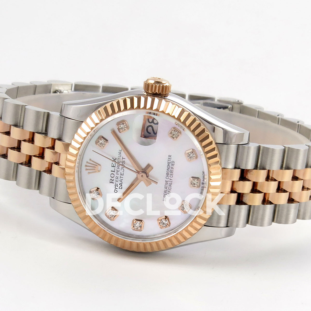 Rolex Datejust 31 278271 White MOP Diamond Rose Two-Tone Jubilee XRF A2236 replica - Opposite three-quarter view of the white MOP gem dial and steel/rose Jubilee bracelet