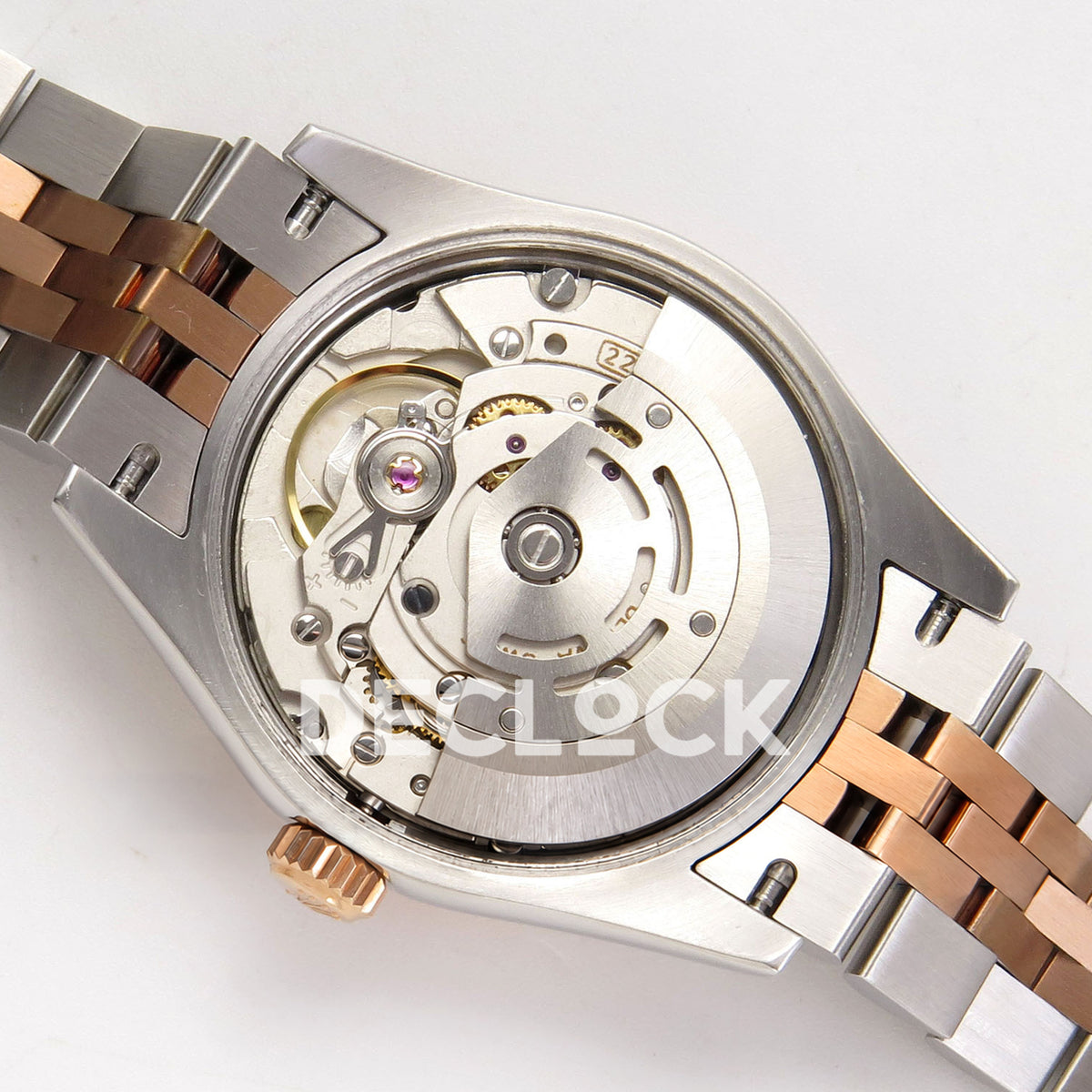 Rolex Datejust 31 278271 White MOP Diamond Rose Two-Tone Jubilee XRF A2236 replica - Opposite rotor position with the exposed balance assembly and movement bridges