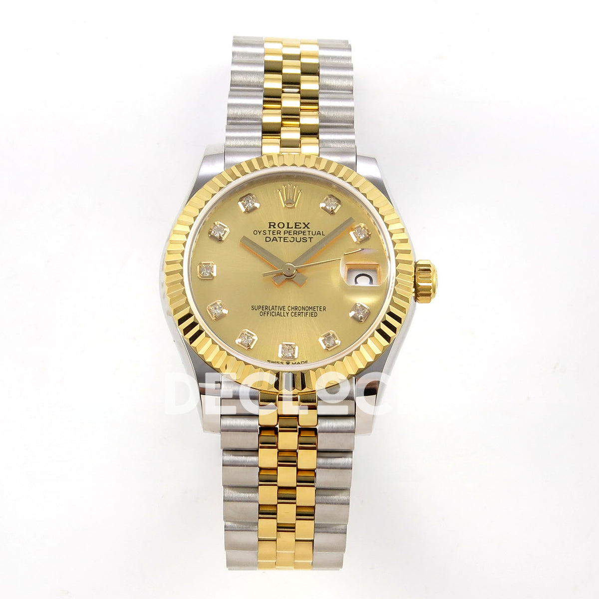 Rolex Datejust 31 278273 Champagne Diamond Yellow Two-Tone Jubilee XRF A2236 replica - Straight-on watch view with champagne gem-set dial, yellow-tone fluted bezel and steel/yellow Jubilee bracelet