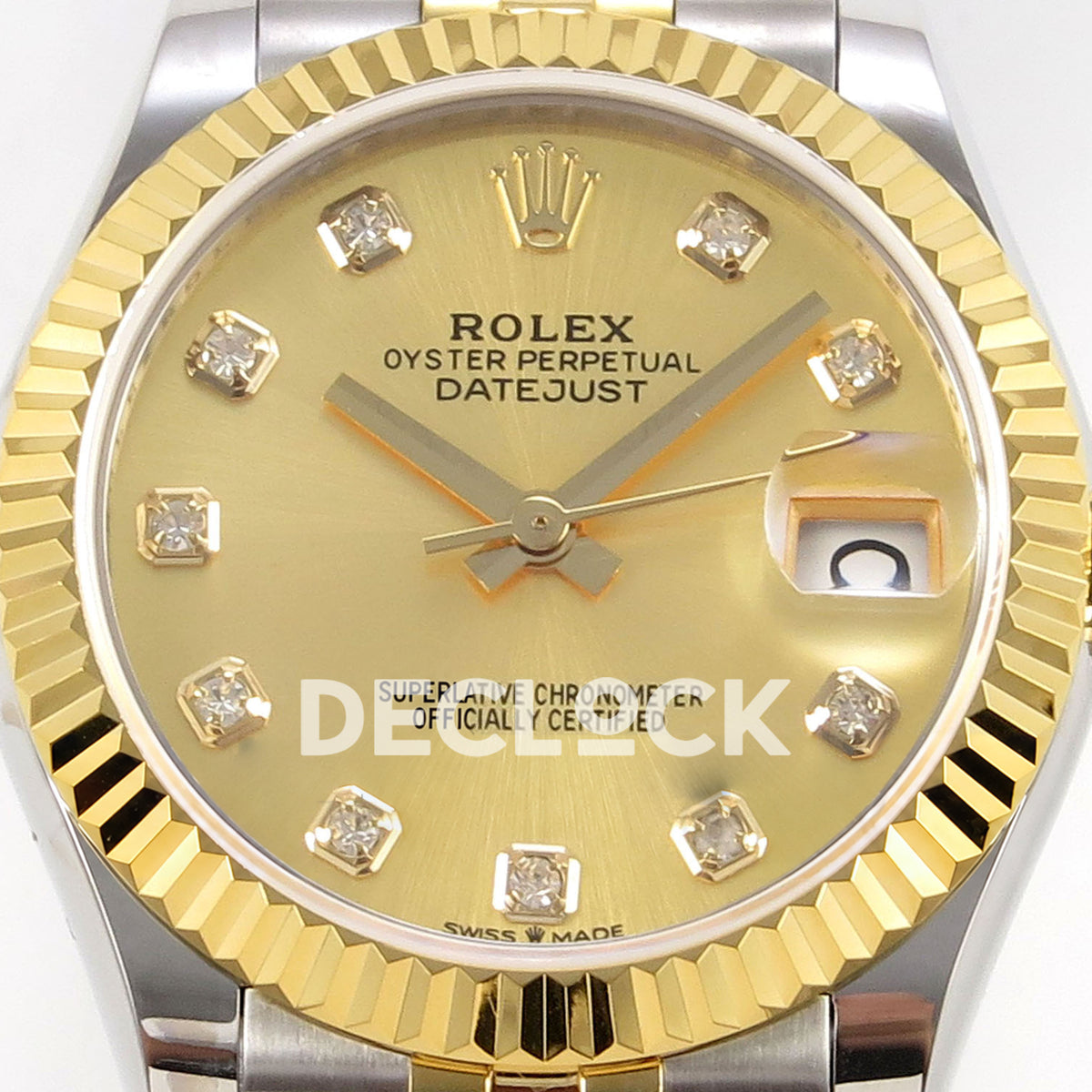 Rolex Datejust 31 278273 Champagne Diamond Yellow Two-Tone Jubilee XRF A2236 replica - Front macro of the champagne dial with ten decorative gem markers, grey/yellow hands and magnified date lens