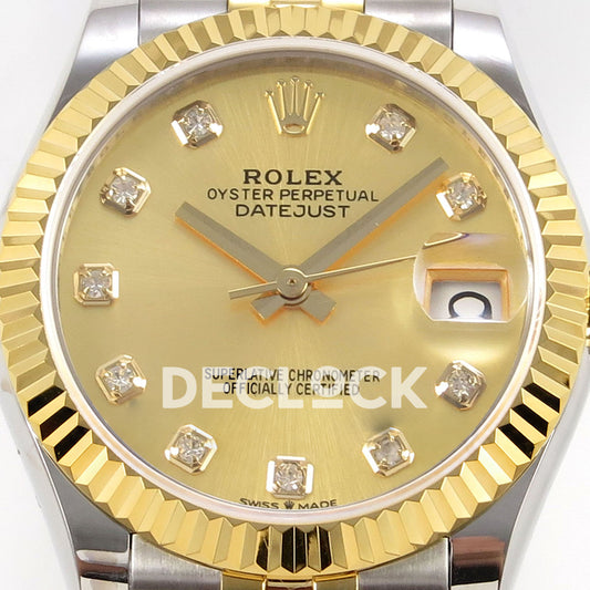 Rolex Datejust 31 278273 Champagne Diamond Yellow Two-Tone Jubilee XRF A2236 replica - Front macro of the champagne dial with ten decorative gem markers, grey/yellow hands and magnified date lens