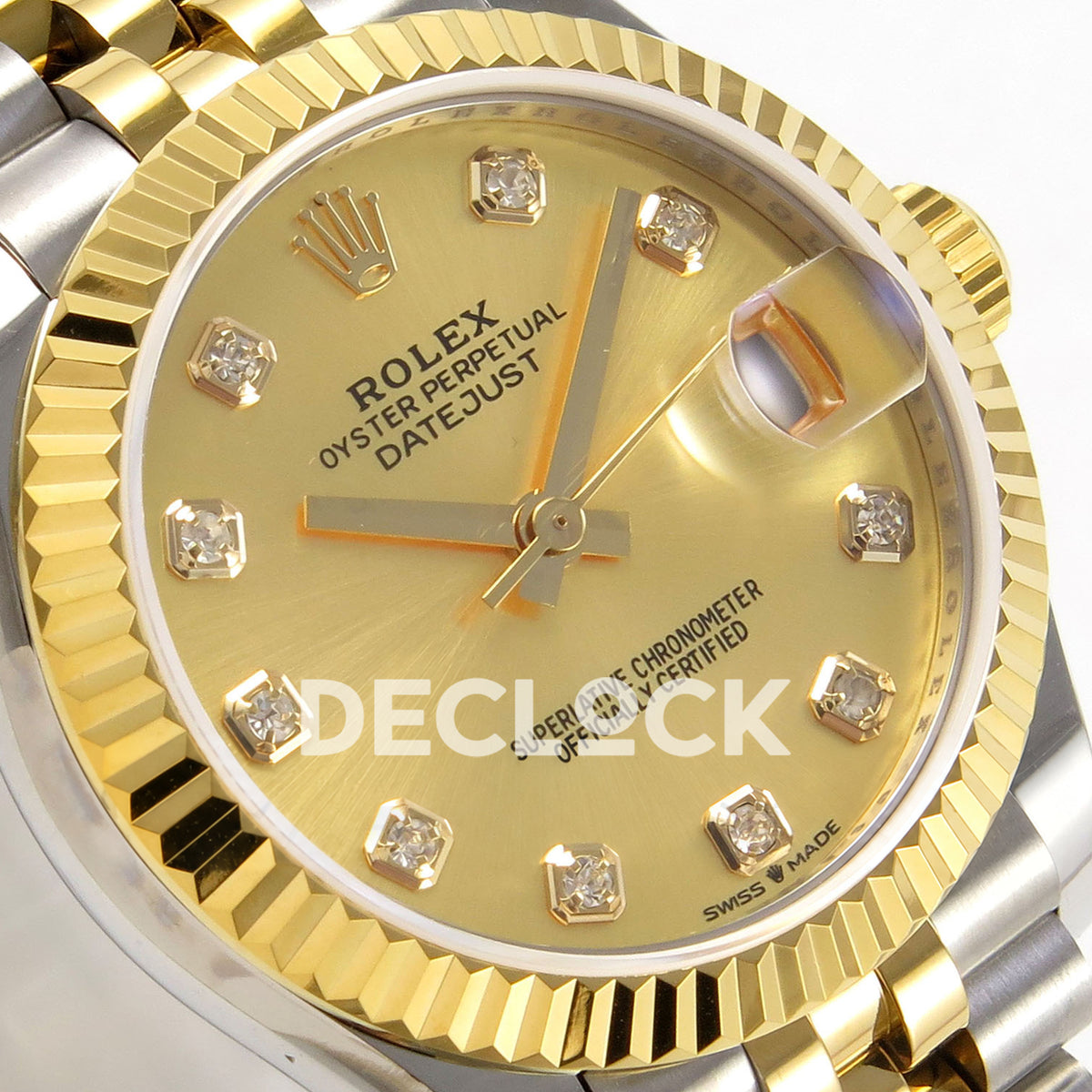 Rolex Datejust 31 278273 Champagne Diamond Yellow Two-Tone Jubilee XRF A2236 replica - Close-up of the champagne gem-index dial, native gold-tone hands, date cyclops and fluted yellow-tone bezel