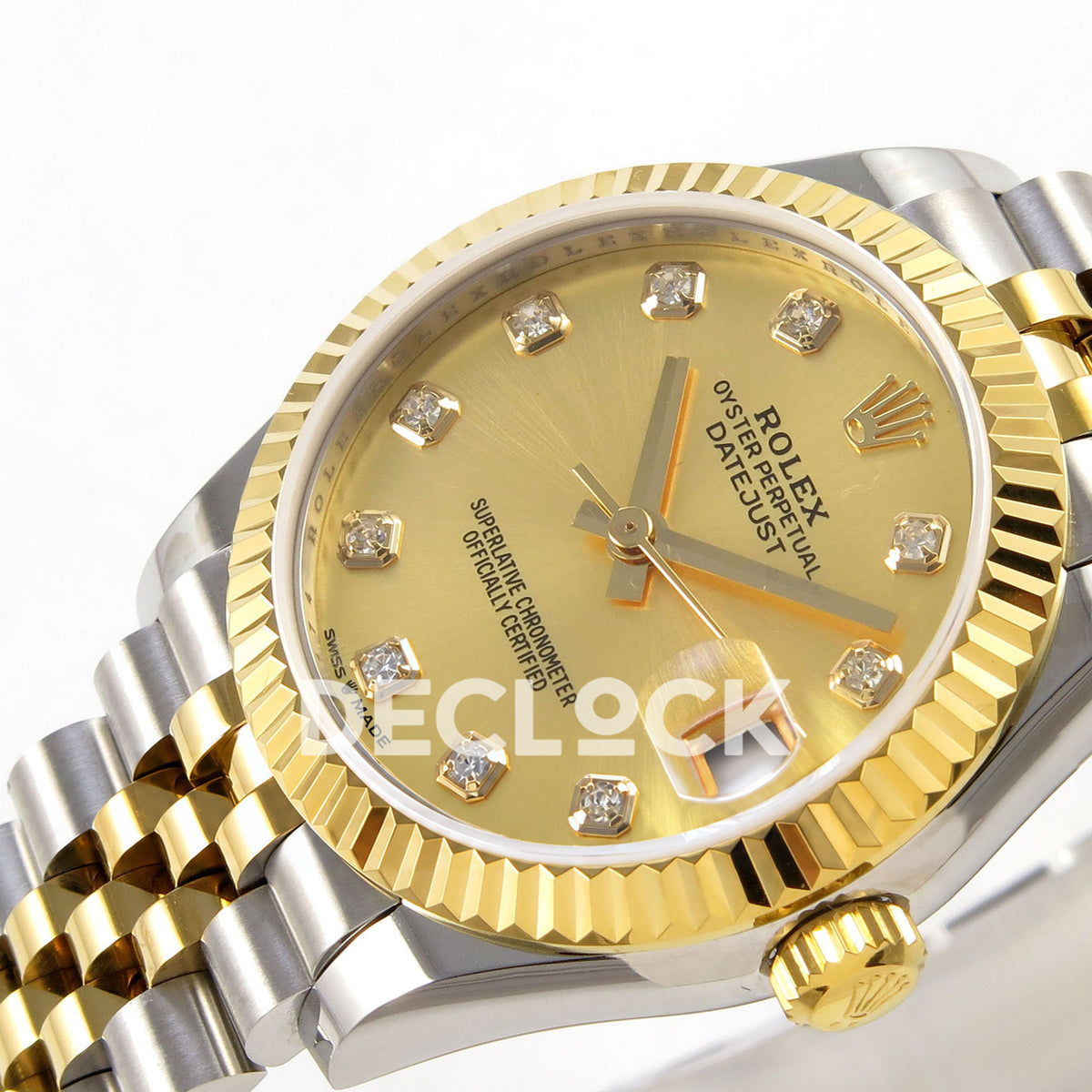 Rolex Datejust 31 278273 Champagne Diamond Yellow Two-Tone Jubilee XRF A2236 replica - Angled close-up of the champagne gem-index dial, native gold-tone hands, date cyclops and steel/yellow Jubilee links