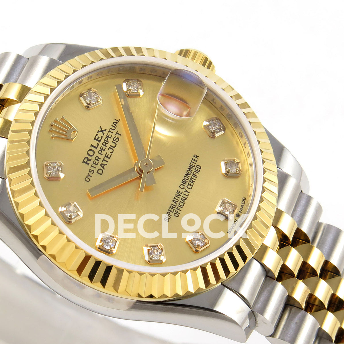 Rolex Datejust 31 278273 Champagne Diamond Yellow Two-Tone Jubilee XRF A2236 replica - Opposite close-up of the champagne gem-index dial, native gold-tone hands, fluted yellow-tone bezel and Jubilee bracelet
