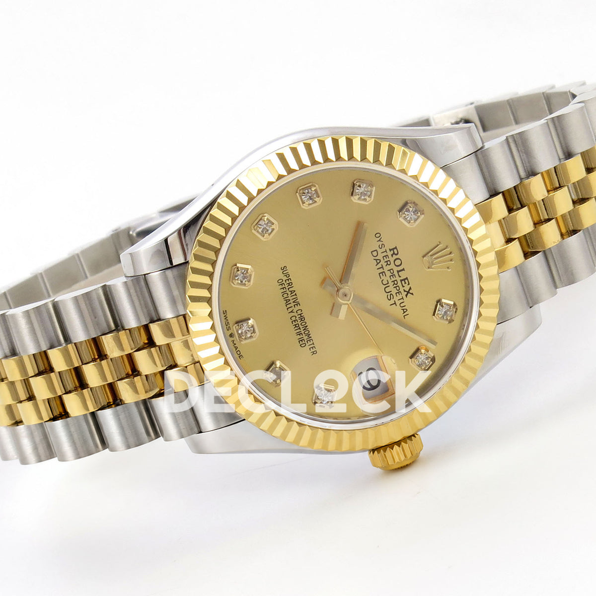 Rolex Datejust 31 278273 Champagne Diamond Yellow Two-Tone Jubilee XRF A2236 replica - Left-side full-watch angle showing the champagne ten-gem dial, solid gold-tone hands, yellow-tone fluted bezel and steel/yellow Jubilee bracelet
