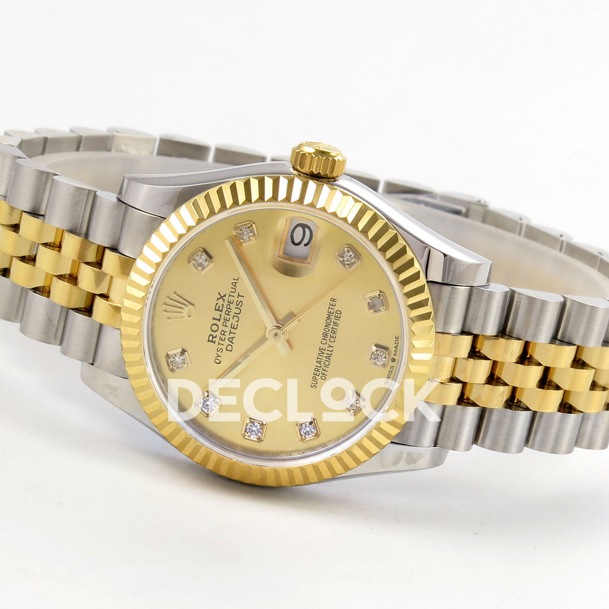 Rolex Datejust 31 278273 Champagne Diamond Yellow Two-Tone Jubilee XRF A2236 replica - Opposite full-watch angle showing the champagne ten-gem dial, solid hands, yellow-tone crown and steel/yellow Jubilee bracelet