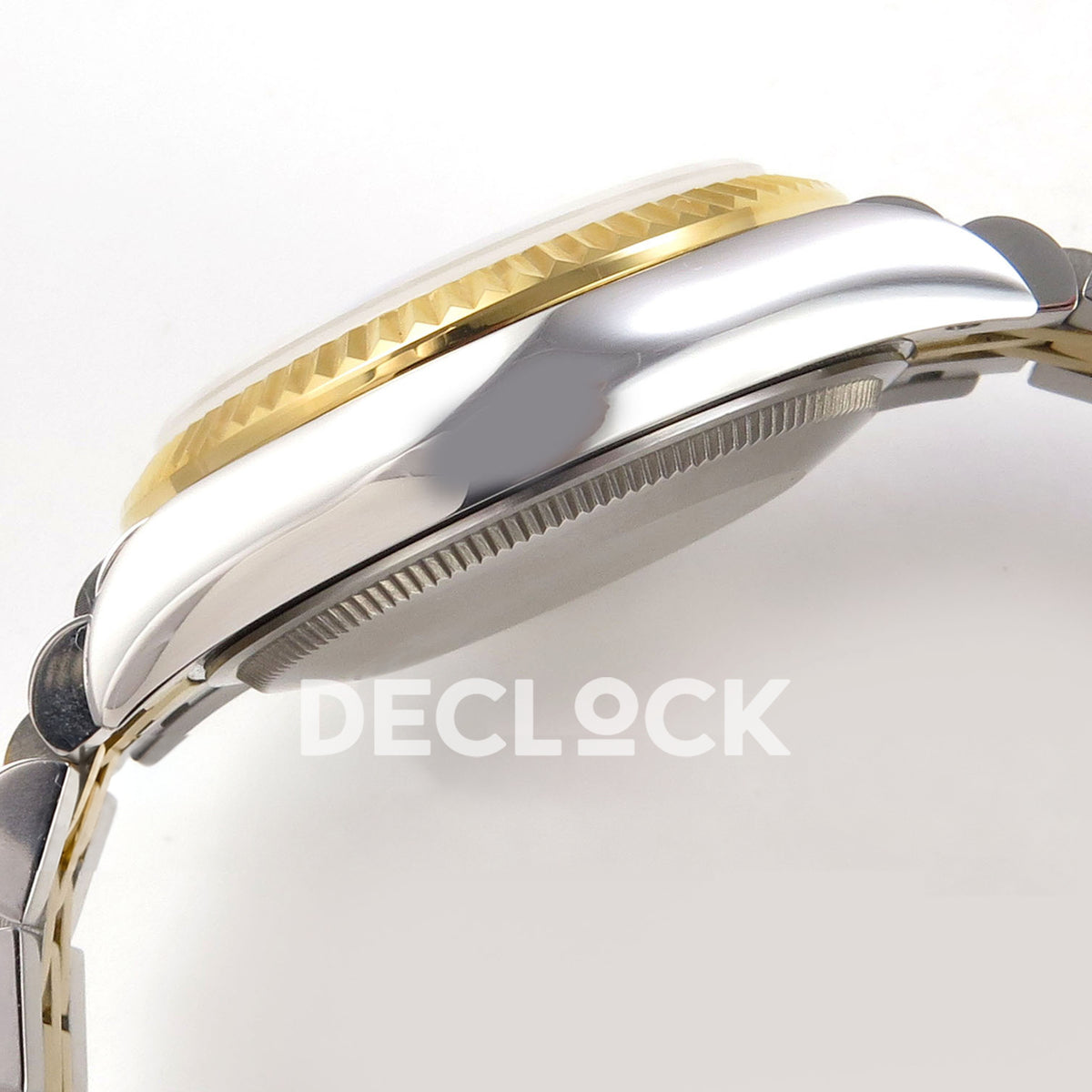 Rolex Datejust 31 278273 Champagne Diamond Yellow Two-Tone Jubilee XRF A2236 replica - Side profile of the polished steel case, yellow-tone fluted bezel, serrated caseback rim and steel/yellow Jubilee bracelet joints