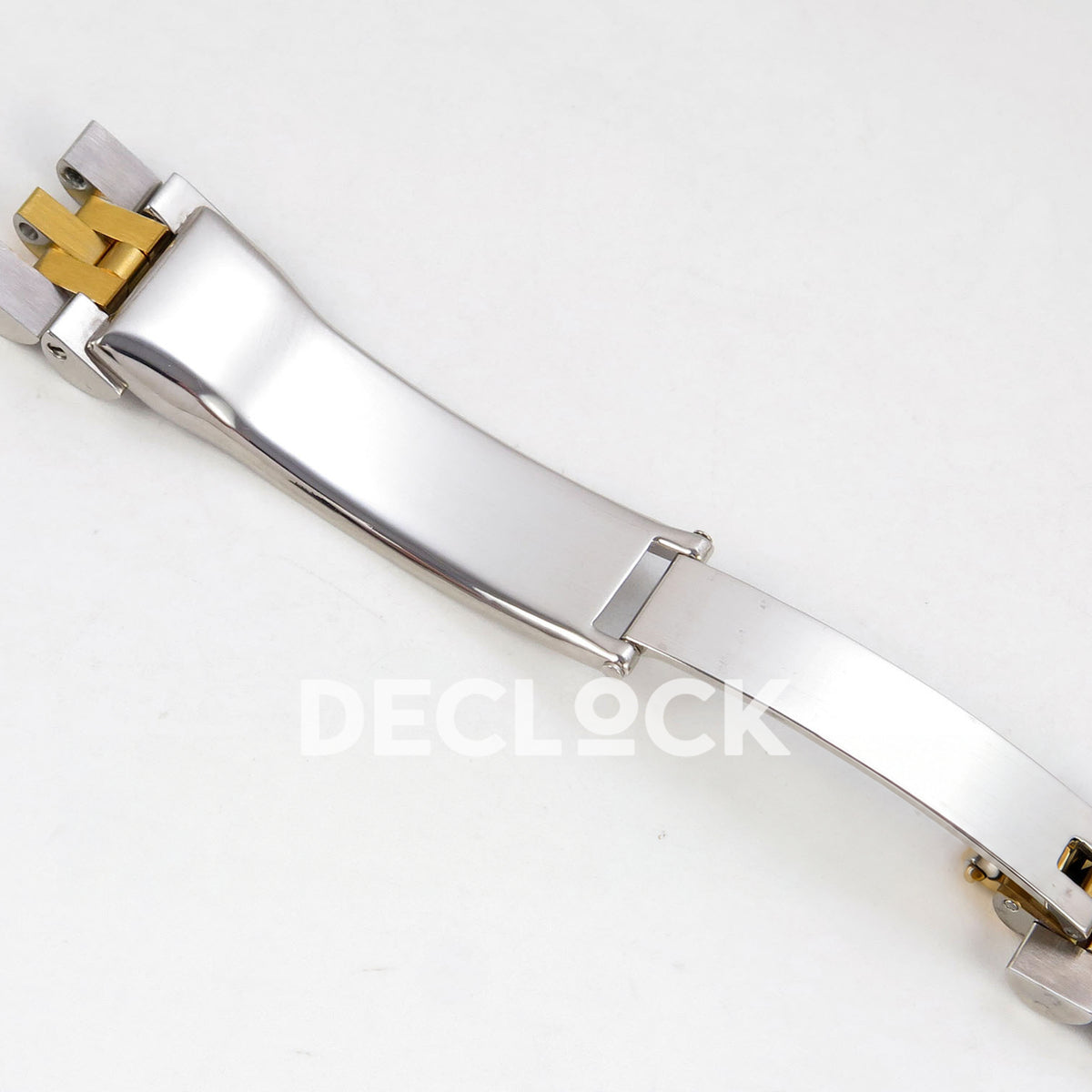 Rolex Datejust 31 278273 Champagne Diamond Yellow Two-Tone Jubilee XRF A2236 replica - Open polished steel folding clasp and steel/yellow Jubilee links showing the blade, hinge and pin details
