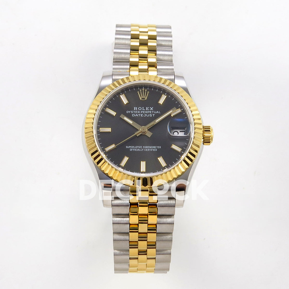 Rolex Datejust 31 278273 Dark Gray Baton Yellow Two-Tone Jubilee XRF A2236 replica - Straight-on watch view with dark gray baton dial, yellow-tone fluted bezel and steel/yellow Jubilee bracelet