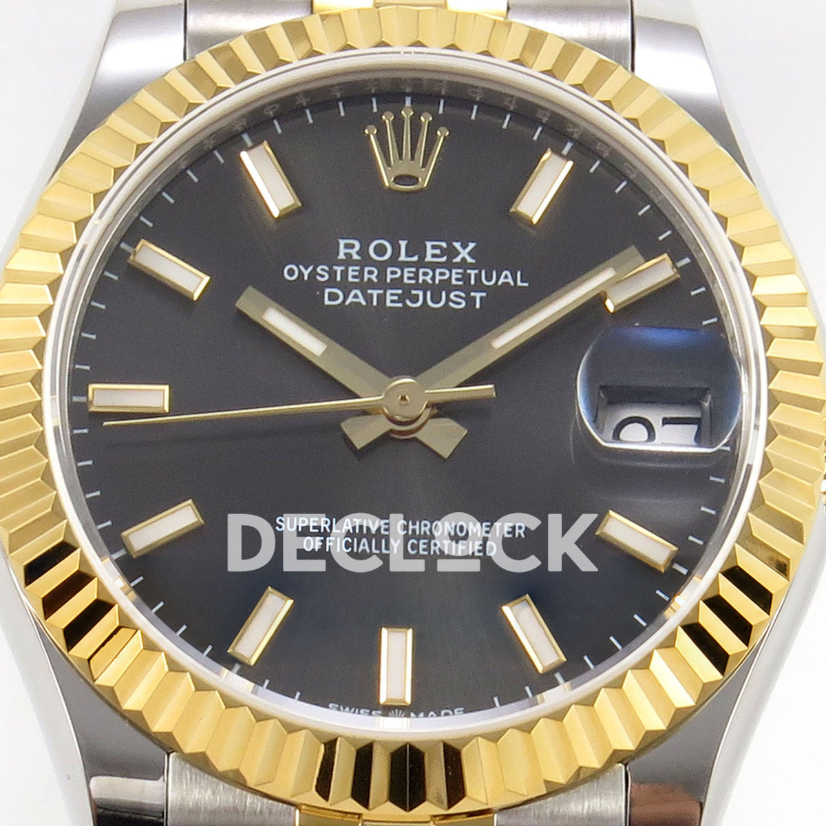 Rolex Datejust 31 278273 Dark Gray Baton Yellow Two-Tone Jubilee XRF A2236 replica - Front macro of the dark gray dial with yellow/white baton markers, yellow-tone hands and magnified date lens