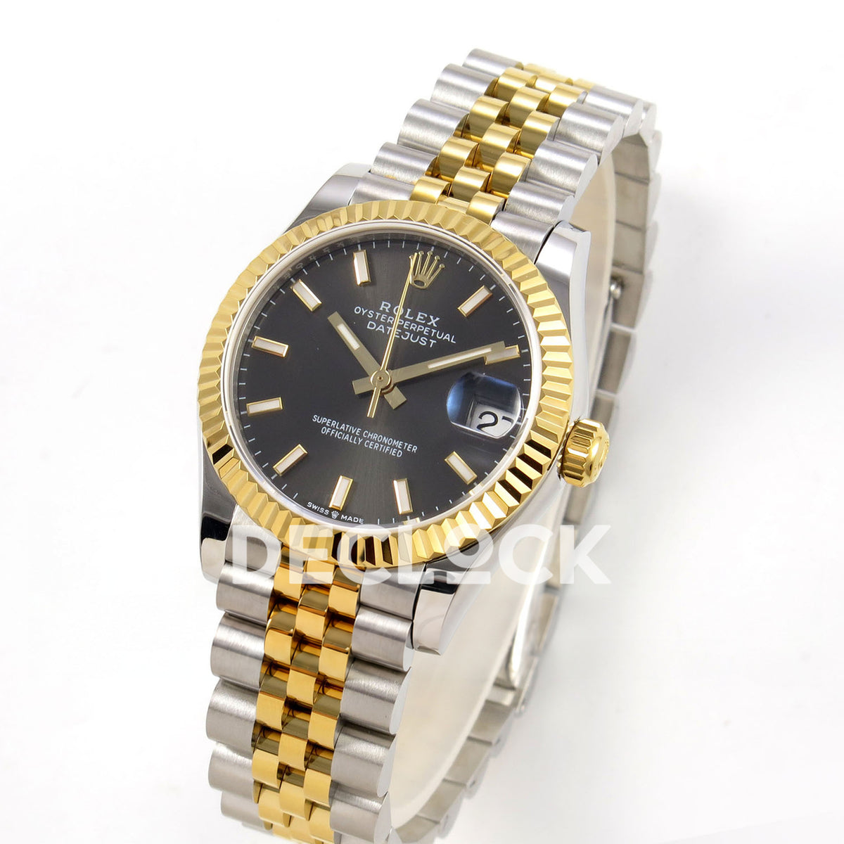 Rolex Datejust 31 278273 Dark Gray Baton Yellow Two-Tone Jubilee XRF A2236 replica - Standing three-quarter watch view with dark gray baton dial and steel/yellow Jubilee bracelet