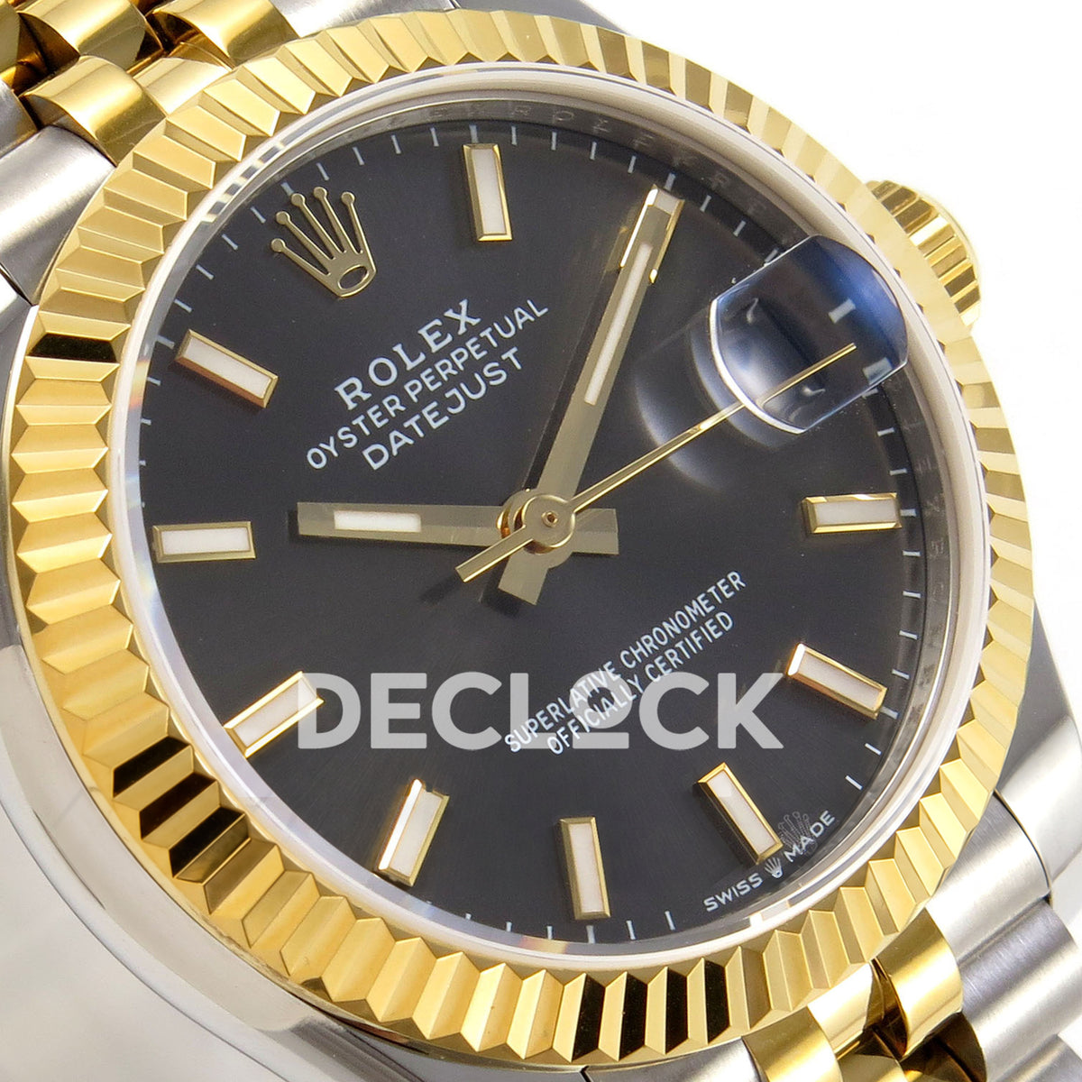 Rolex Datejust 31 278273 Dark Gray Baton Yellow Two-Tone Jubilee XRF A2236 replica - Close-up of the dark gray luminous-baton dial, native gold-tone hands, date cyclops and fluted yellow-tone bezel