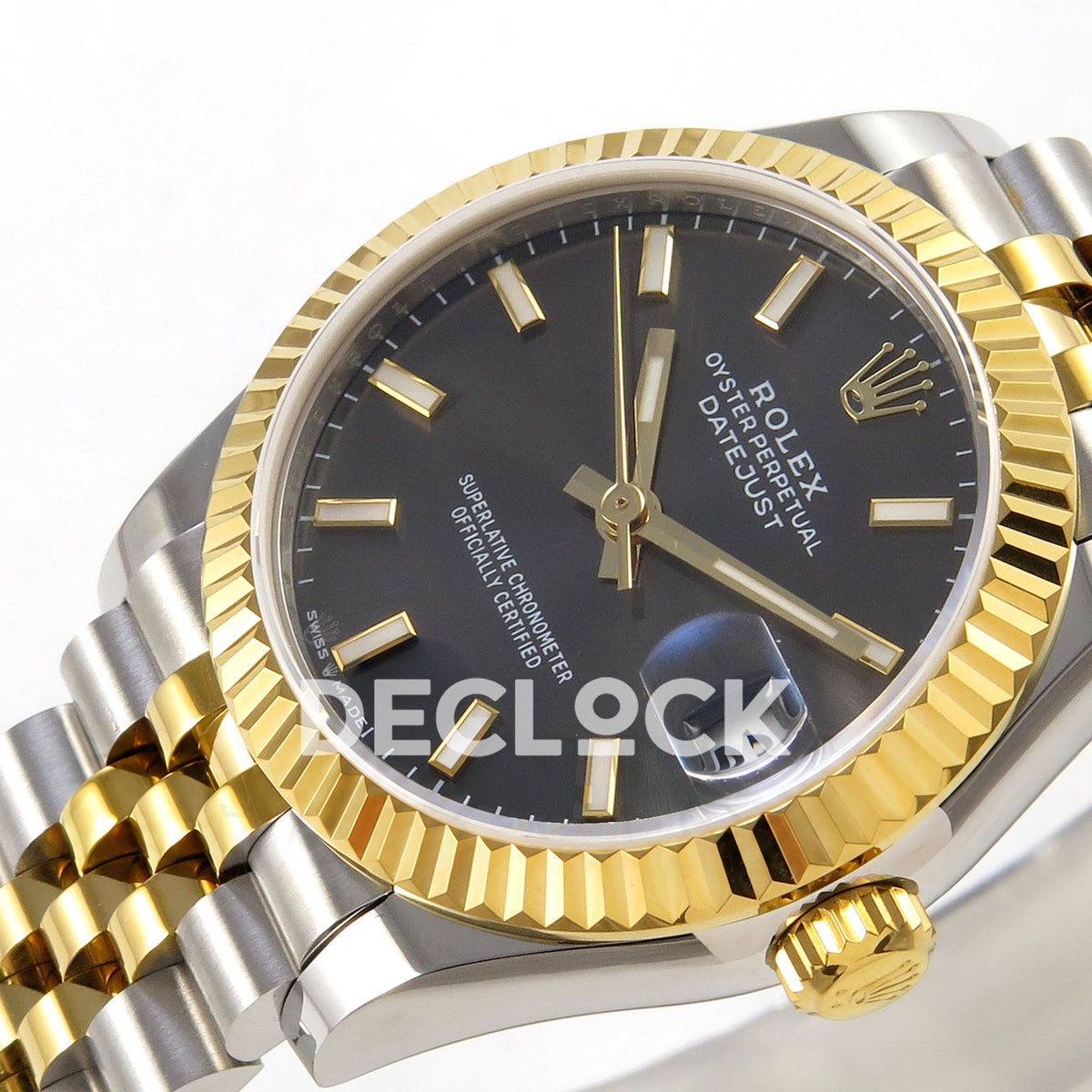 Rolex Datejust 31 278273 Dark Gray Baton Yellow Two-Tone Jubilee XRF A2236 replica - Angled close-up of the dark gray luminous-baton dial, native gold-tone hands, date cyclops and steel/yellow Jubilee links