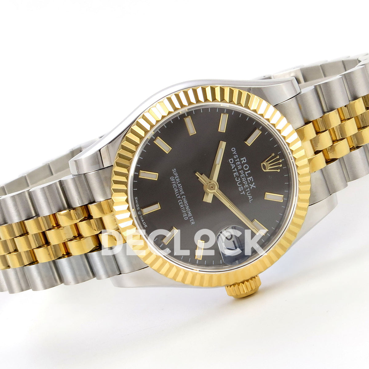 Rolex Datejust 31 278273 Dark Gray Baton Yellow Two-Tone Jubilee XRF A2236 replica - Left-side angled view showing the charcoal-gray baton dial, luminous hand inlays, date lens, yellow-tone fluted bezel and steel/yellow Jubilee bracelet