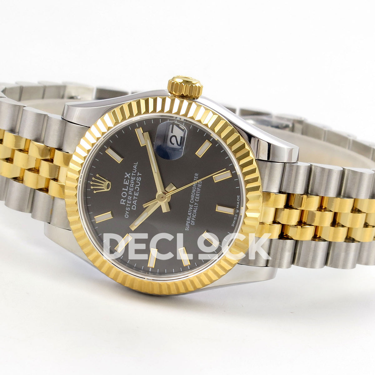 Rolex Datejust 31 278273 Dark Gray Baton Yellow Two-Tone Jubilee XRF A2236 replica - Opposite angled view showing the charcoal-gray baton dial, luminous hand inlays, yellow-tone crown and steel/yellow Jubilee bracelet