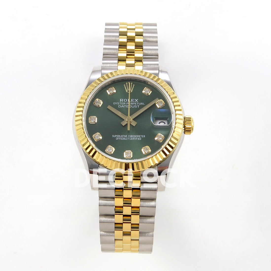 Rolex Datejust 31 278273 Green Diamond Yellow Two-Tone Jubilee XRF A2236 replica - Straight-on watch view with green gem-set dial, yellow-tone fluted bezel and steel/yellow Jubilee bracelet 278273