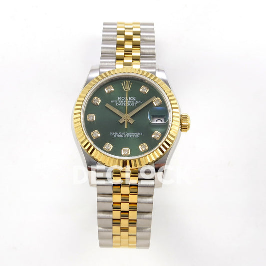 Rolex Datejust 31 278273 Green Diamond Yellow Two-Tone Jubilee XRF A2236 replica - Straight-on watch view with green gem-set dial, yellow-tone fluted bezel and steel/yellow Jubilee bracelet