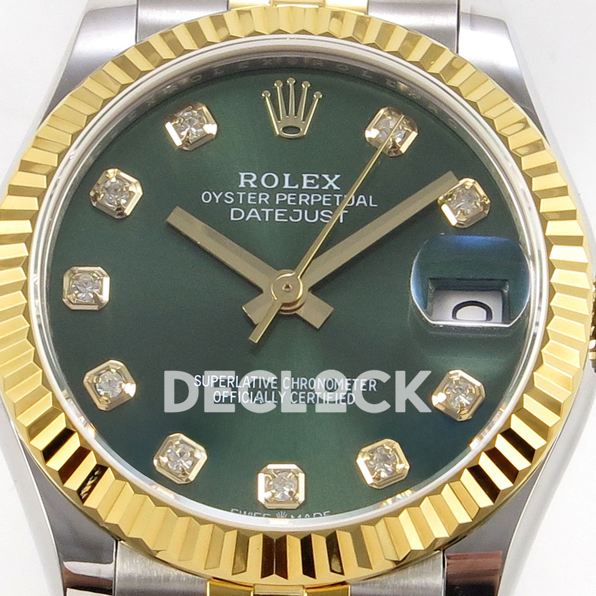 Rolex Datejust 31 278273 Green Diamond Yellow Two-Tone Jubilee XRF A2236 replica - Front macro of the green dial with ten decorative gem markers, yellow-tone hands and magnified date lens