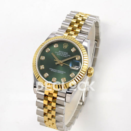 Rolex Datejust 31 278273 Green Diamond Yellow Two-Tone Jubilee XRF A2236 replica - Standing three-quarter watch view with green gem-set dial and steel/yellow Jubilee bracelet