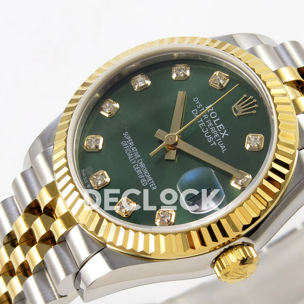 Rolex Datejust 31 278273 Green Diamond Yellow Two-Tone Jubilee XRF A2236 replica - Angled close-up of the green gem-index dial, native gold-tone hands, date cyclops and steel/yellow Jubilee links