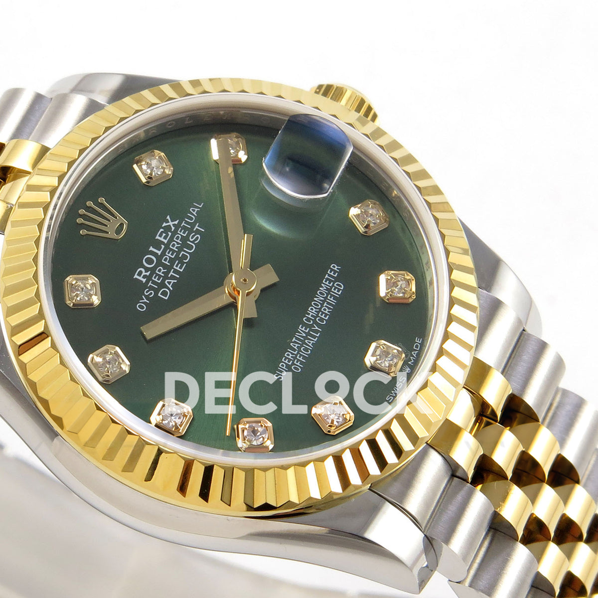 Rolex Datejust 31 278273 Green Diamond Yellow Two-Tone Jubilee XRF A2236 replica - Opposite close-up of the green gem-index dial, native gold-tone hands, fluted yellow-tone bezel and Jubilee bracelet