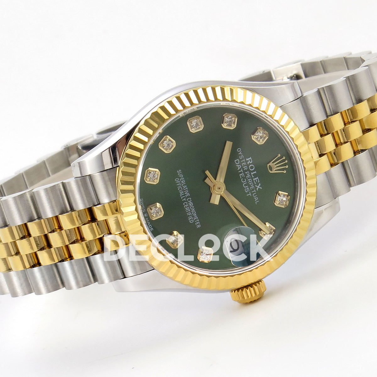 Rolex Datejust 31 278273 Green Diamond Yellow Two-Tone Jubilee XRF A2236 replica - Left-side full-watch angle showing the green ten-gem dial, solid gold-tone hands, yellow-tone fluted bezel and steel/yellow Jubilee bracelet