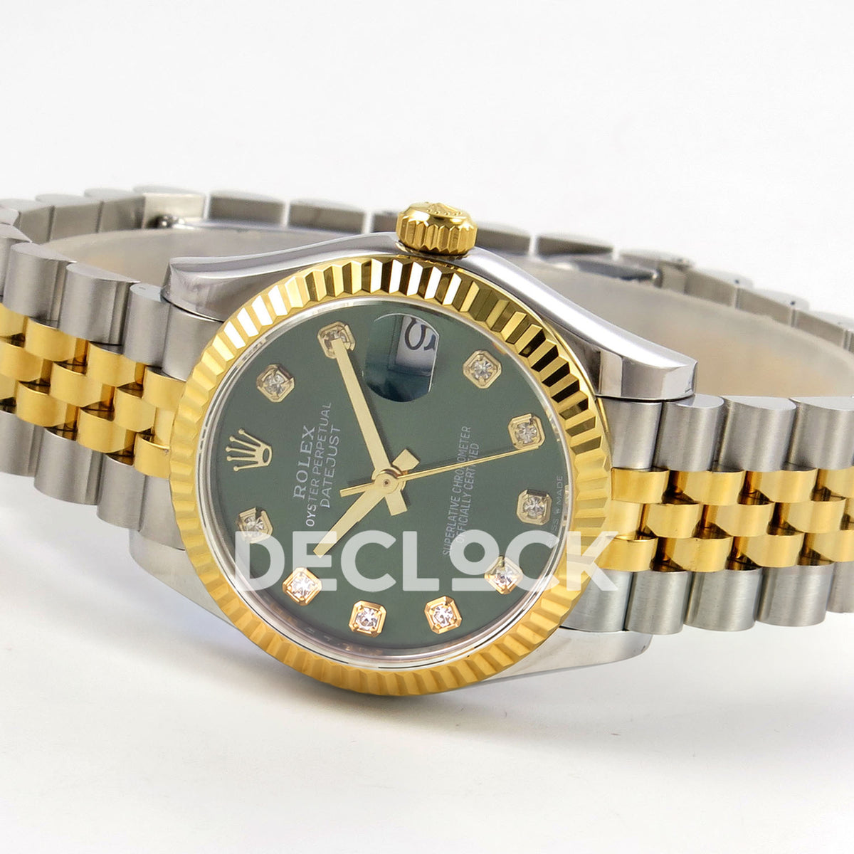 Rolex Datejust 31 278273 Green Diamond Yellow Two-Tone Jubilee XRF A2236 replica - Opposite full-watch angle showing the green ten-gem dial, solid hands, yellow-tone crown and steel/yellow Jubilee bracelet