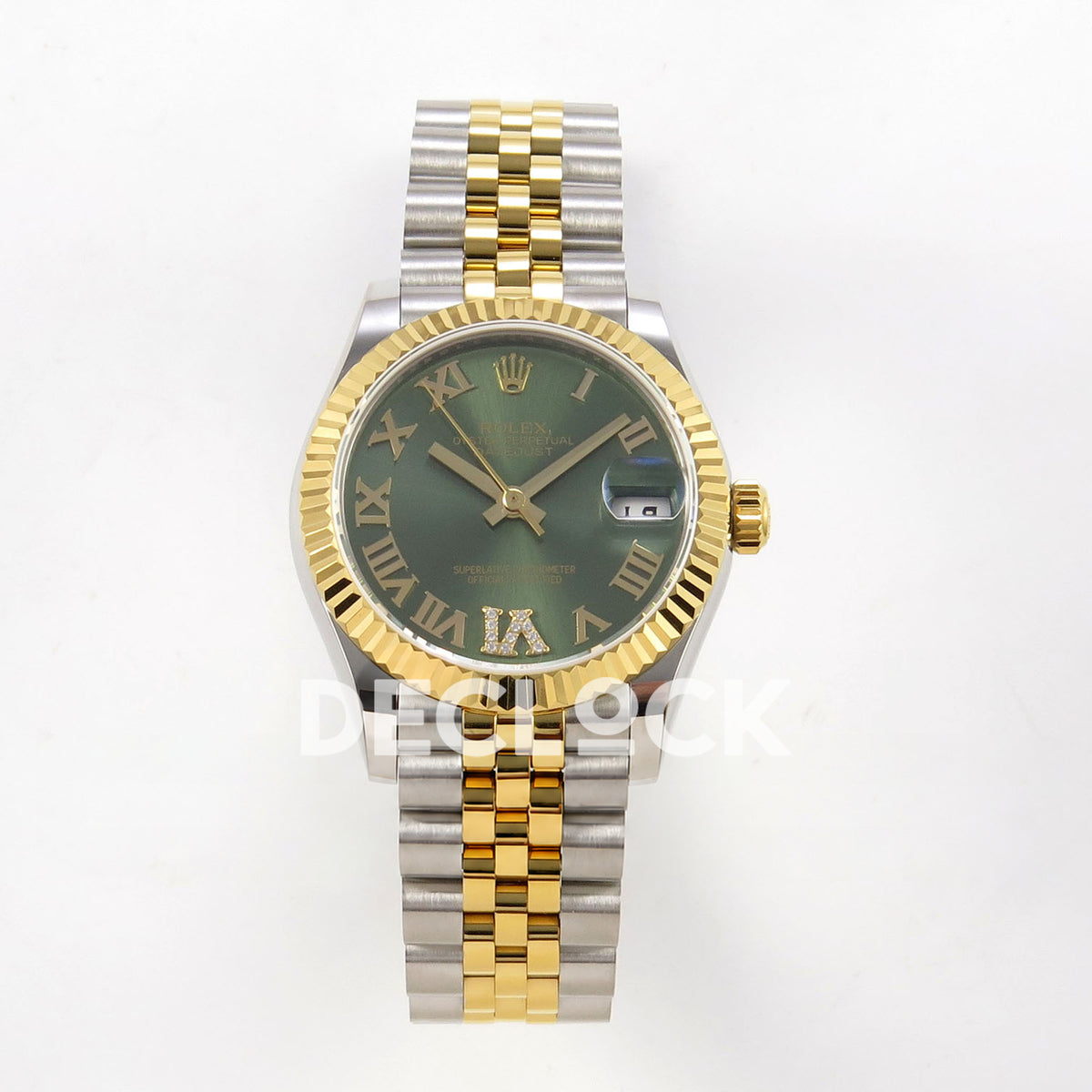 Rolex Datejust 31 278273 Green Roman Yellow Two-Tone Jubilee XRF A2236 replica - Straight-on watch view with green Roman dial with gem-set VI, yellow-tone fluted bezel and steel/yellow Jubilee bracelet