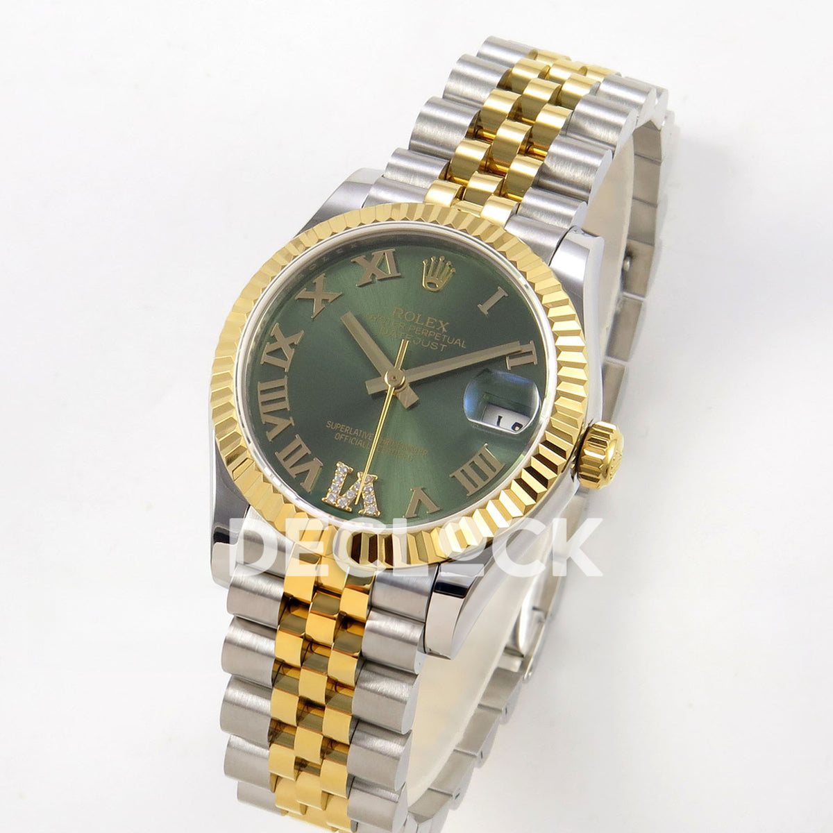 Rolex Datejust 31 278273 Green Roman Yellow Two-Tone Jubilee XRF A2236 replica - Standing three-quarter watch view with green Roman dial with gem-set VI and steel/yellow Jubilee bracelet